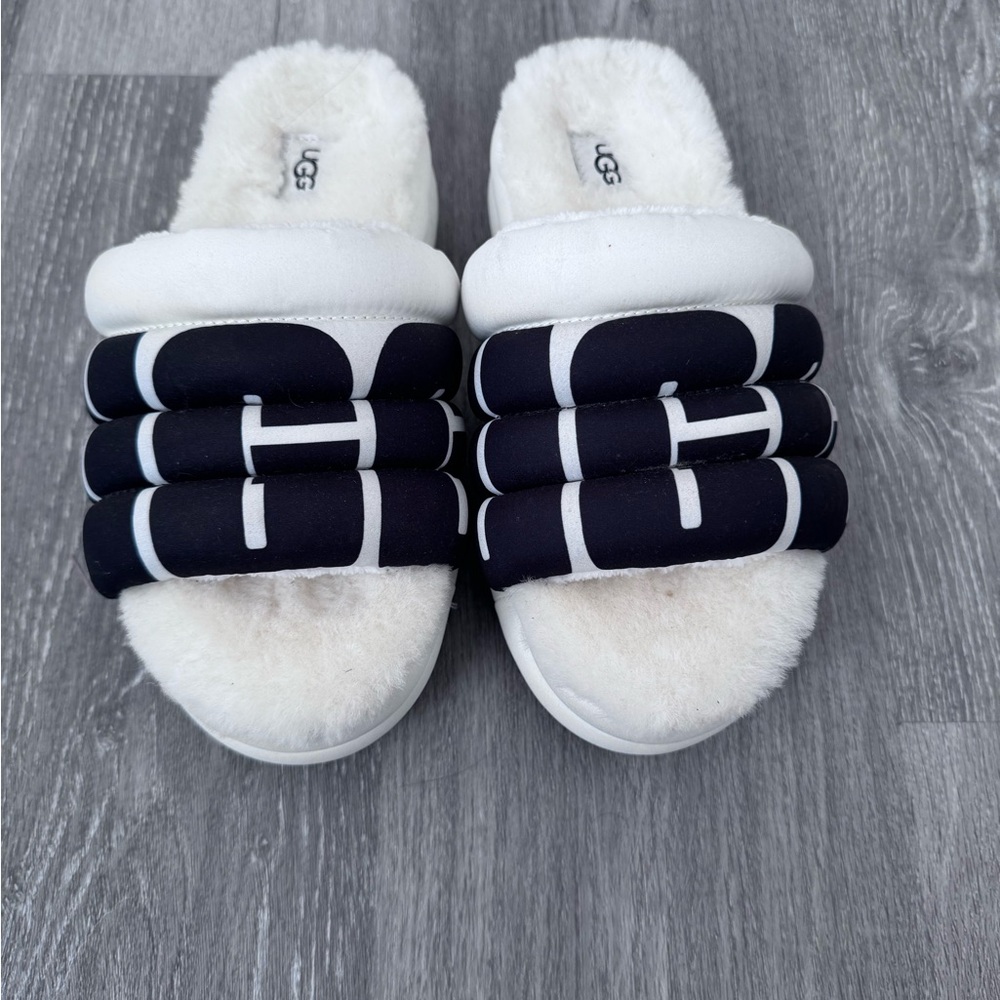 UGG Black and White Plush Slide Sandals
